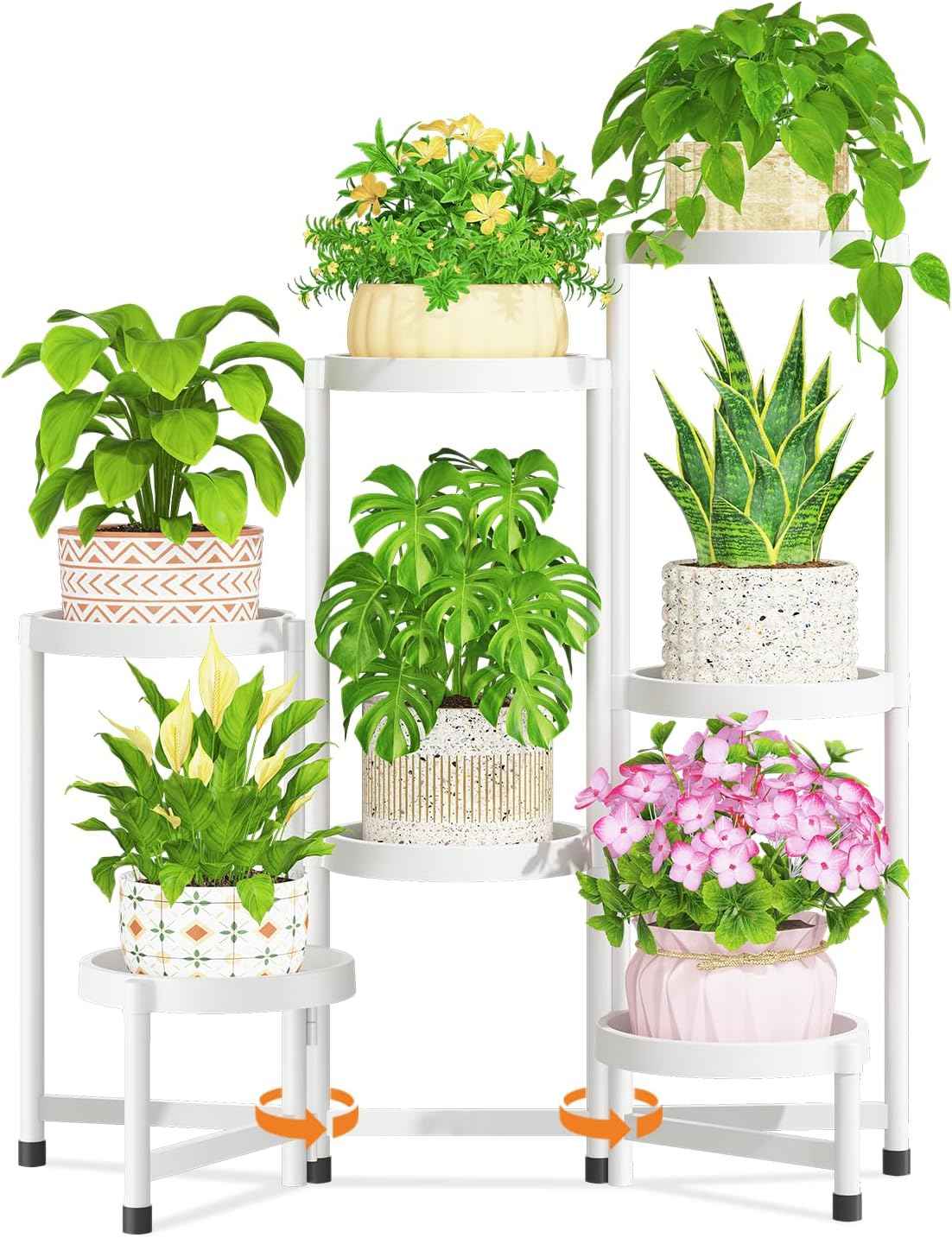 LASZOLA 7 Tiered Folding Plant Stand Indoor for Multiple Large Planter, Tall Heavy Duty Adjustable Rack with Rust Proof Plastic Shelving, Sturdy Vertical Tree Organizer for Narrow Inside Floor, White