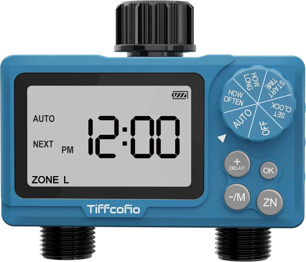 Sprinkler Water Timer Outdoor, 2 Outlets Digital Pogrammable for Garden Hose, Irrigrtion Timer with Rain Delay and Manual Mode (1 Pack)