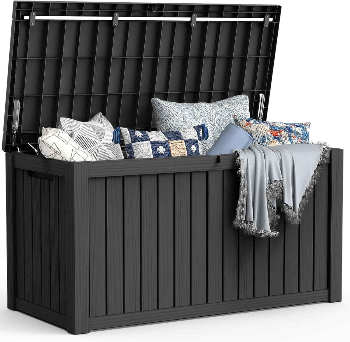 Mars Villa 150 Gallon Outdoor Storage Box, Large Resin Deck Box, Waterproof Storage Bin with Lockable Lid, Ideal for, Outdoor, Patio Furniture Cushions, Pool Supplies, Garden Tools, Black