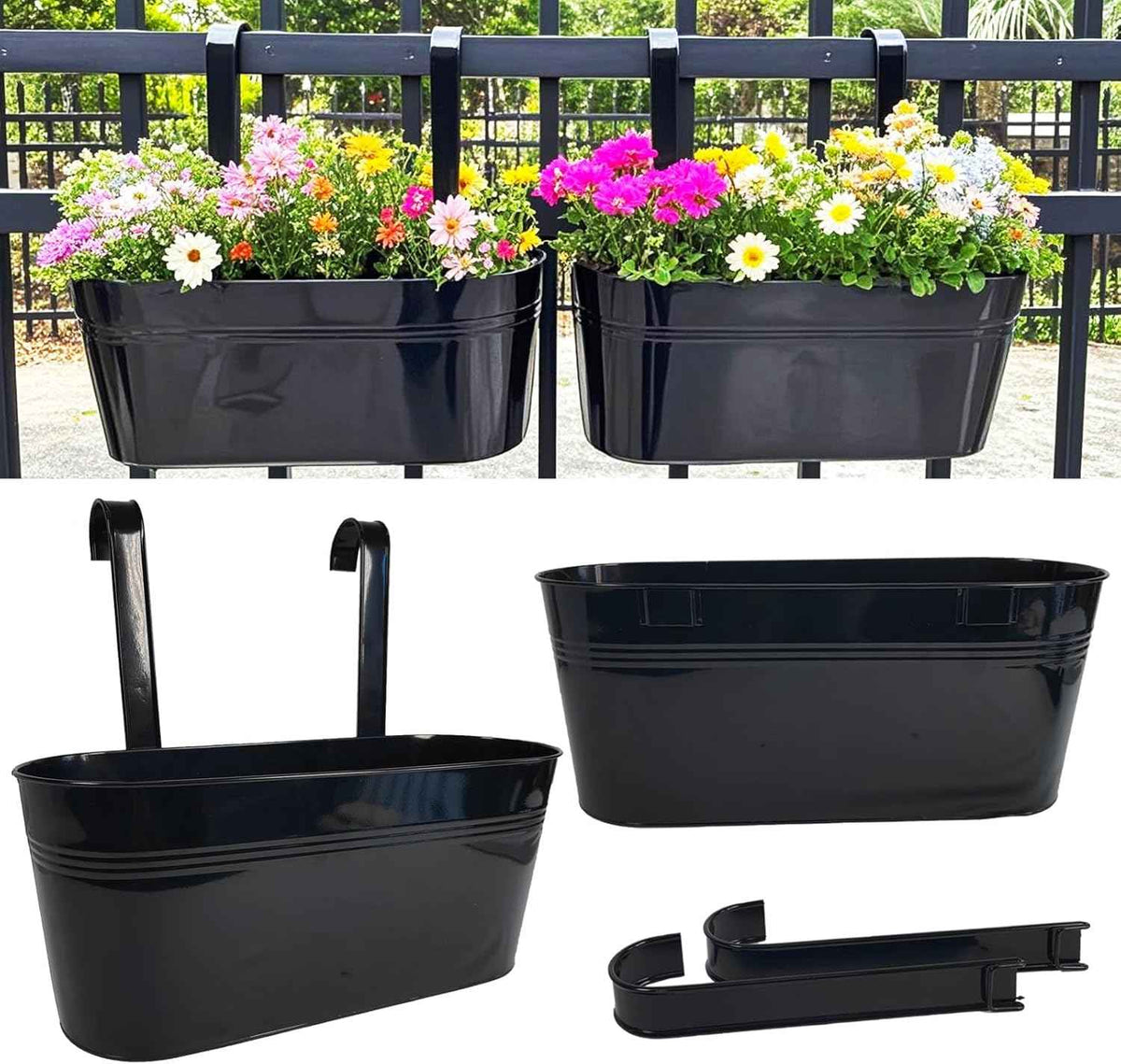 Hanging Planters for Outdoor Plants, 17" Railing Planter Pots, Metal Fence Flower Pot for Porch Balcony with Detachable Hook (Black, Pack of 2)