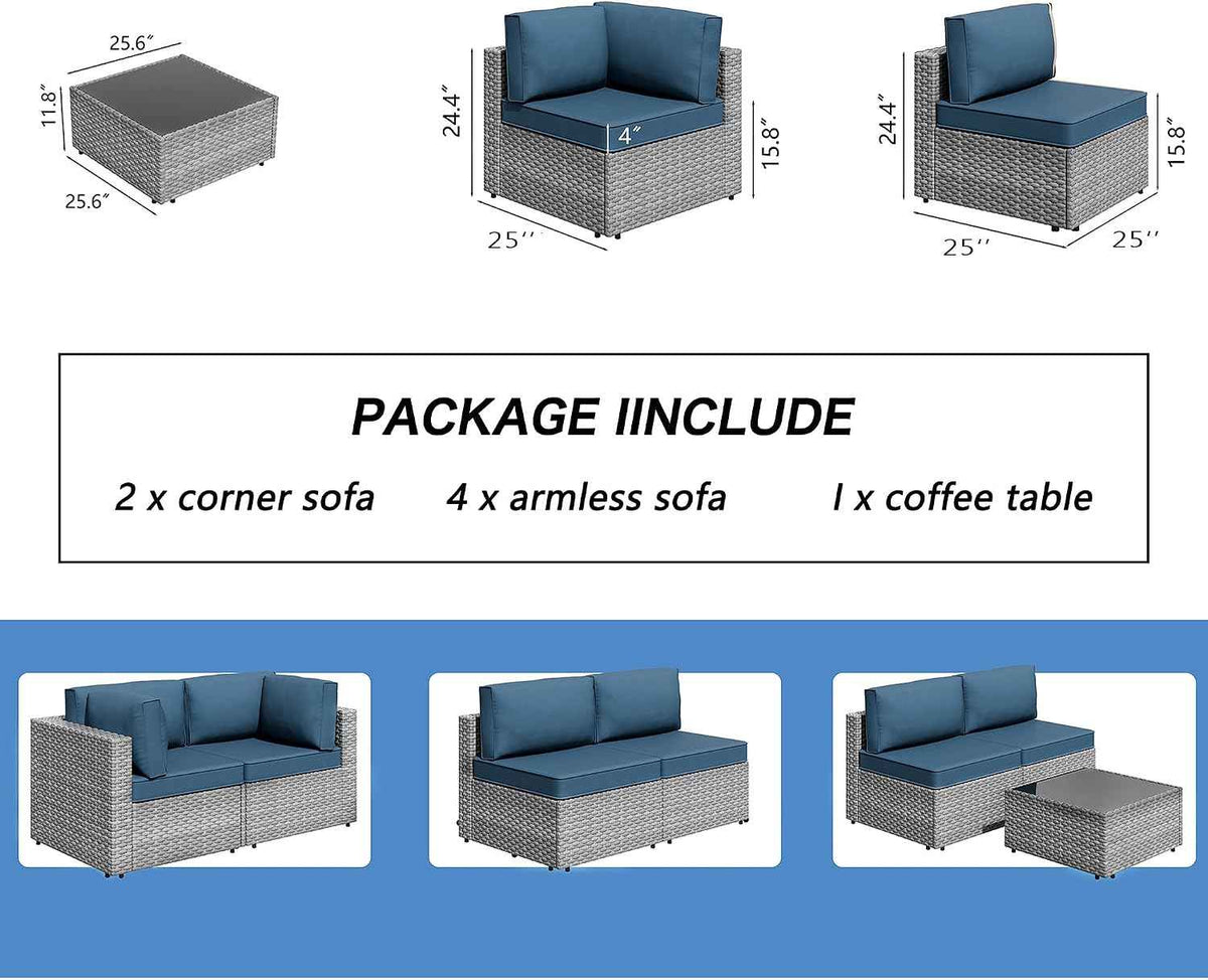 7 Piece Outdoor Patio Furniture Set with Silver PE Rattan, Navy Blue