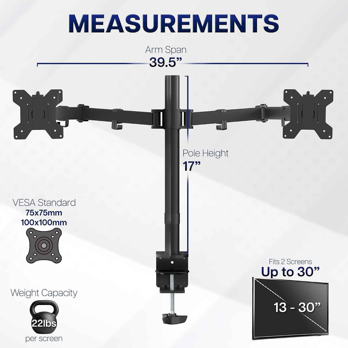 VIVO Dual Ultrawide Monitor Desk Mount, Heavy Duty Fully Adjustable Steel Stand, Holds 2 Computer Screens up to 38 inches and Max 22lbs Each, Black, STAND-V038