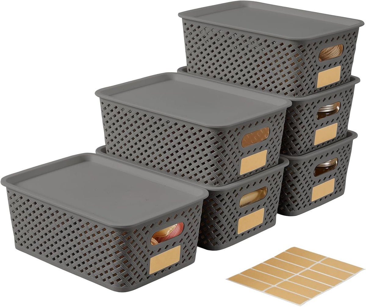 Small Plastic Twill Woven Storage Baskets with Lids, Stackable Organizing Containers with Labels for Pantry Closet Office, 6-Pack,10.35"x7.3"x4.09", Gray - Field & Nook