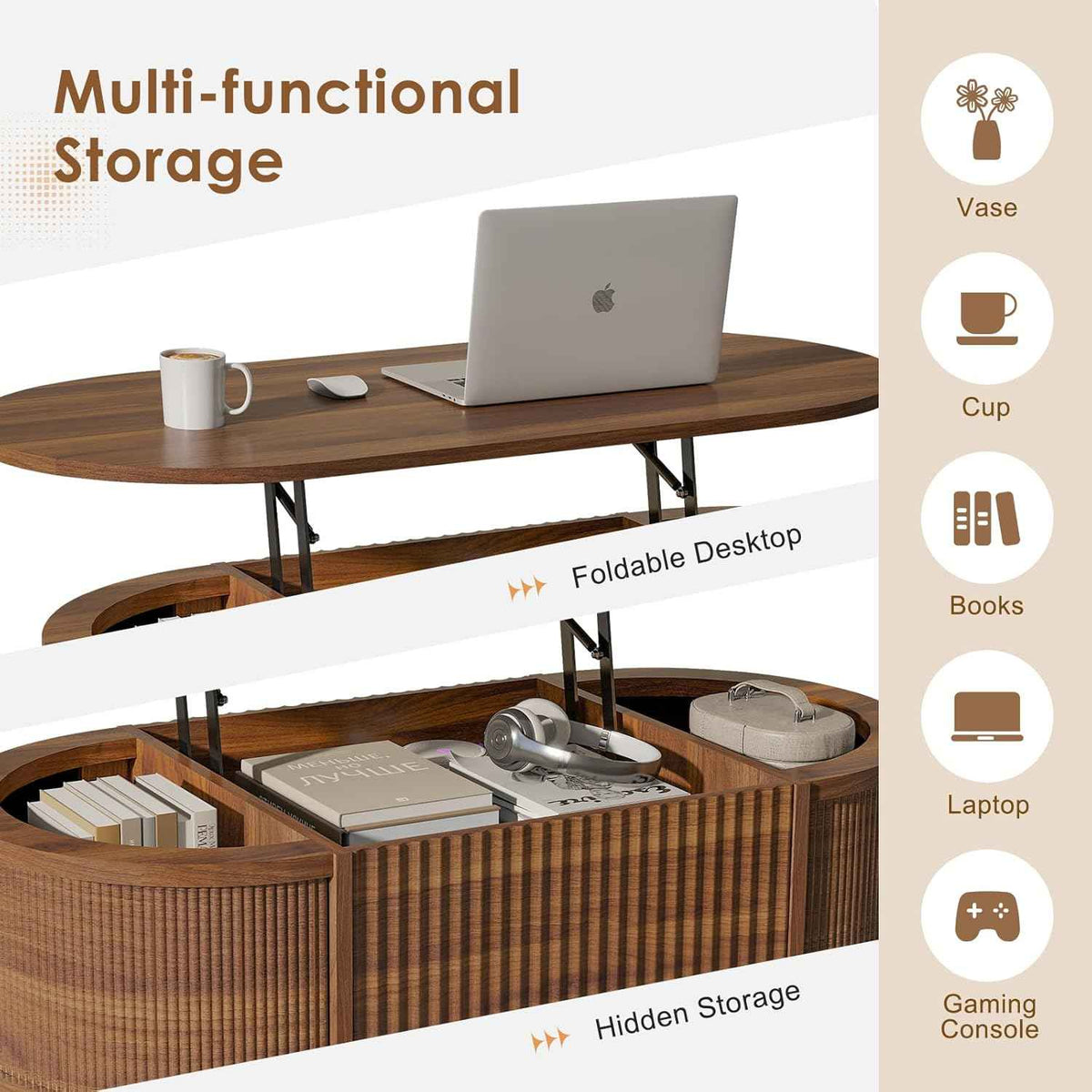 LYNCOHOME Fluted Lift Top Coffee Table, Walnut