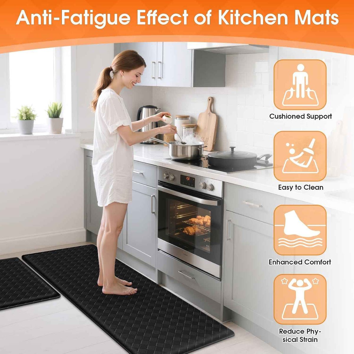 TranquilRelax 2-Piece Kitchen Mats, Cushioned Non-Slip Floor Mats, Black | Kitchen mats for floor, water-resistant anti fatigue mats for kitchen floor,laundry & entryway, 17.3 x 30 and 17.3 x 47 in