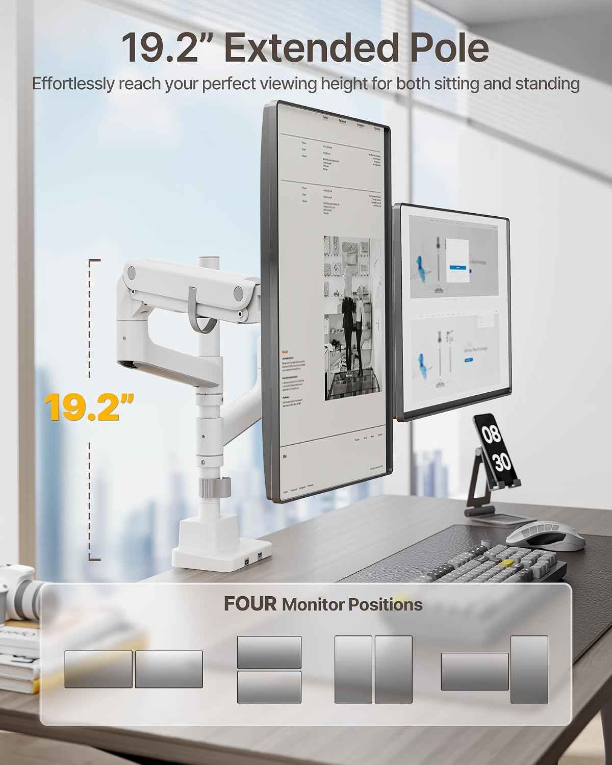 monTEK Dual Monitor Arm, Vertical Stackable 57", Heavy Duty with USB White | Vertical Stackable Gas Spring Arm For 17–57" Ultrawide Monitors,Up To 59.4 Lbs Each, 75/100 VESA Mount with USB 3.0A/C