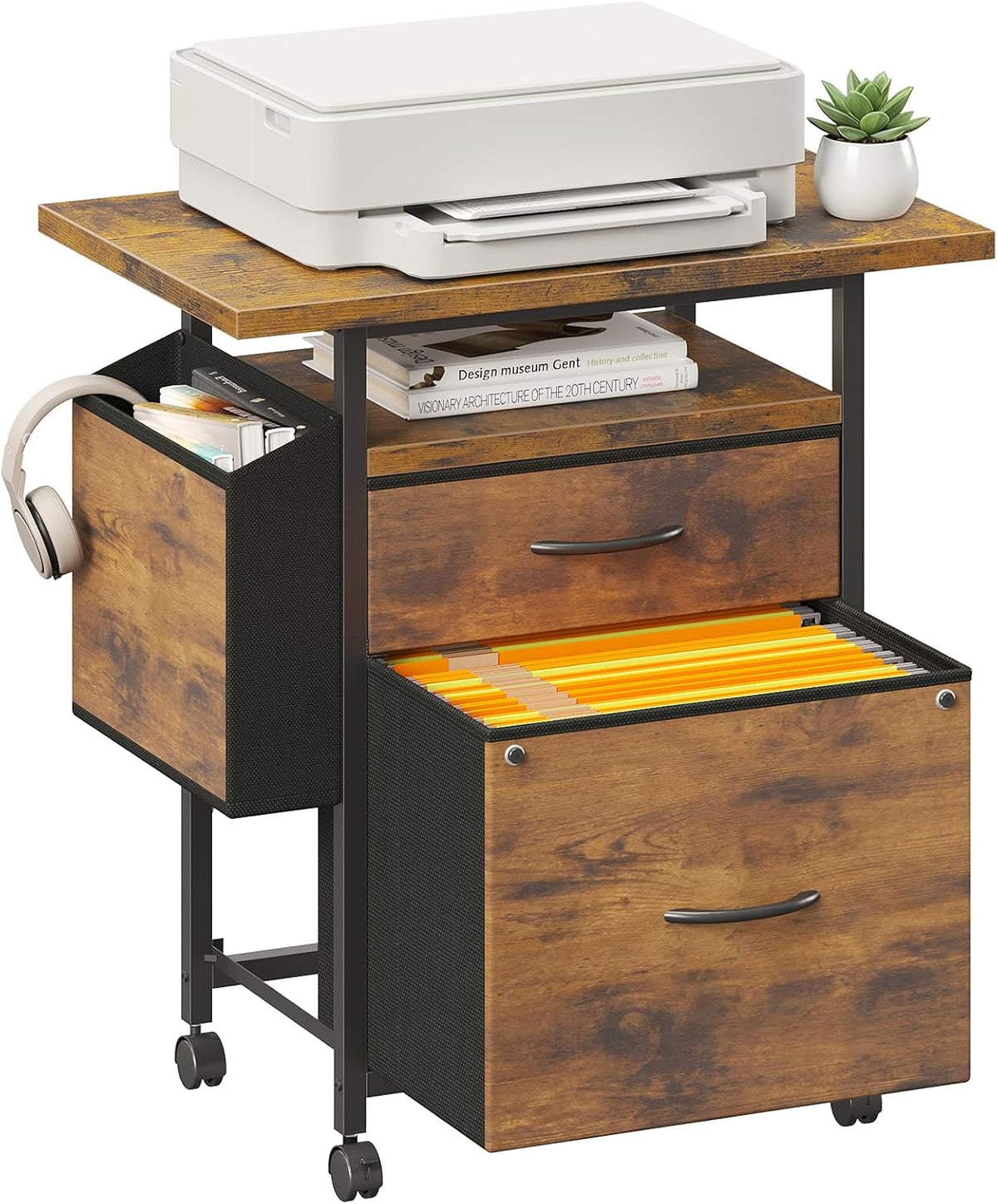 DUMOS 2 Drawer Mobile File Cabinet, Printer Stand with 24'' Wide Desktop | Fabric Drawer Cabinet Under Desk with Storage Side Bag,Rolling Printer Cart Not for Hanging Files for Home Office, Brown - Field & Nook
