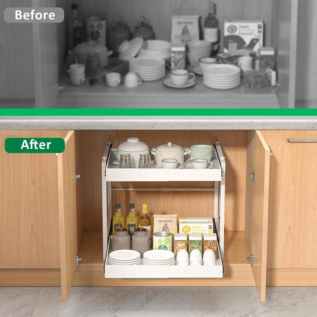 2 Tier Pull Out Cabinet Organizer, 21 inch Depth Slide Out Shelves