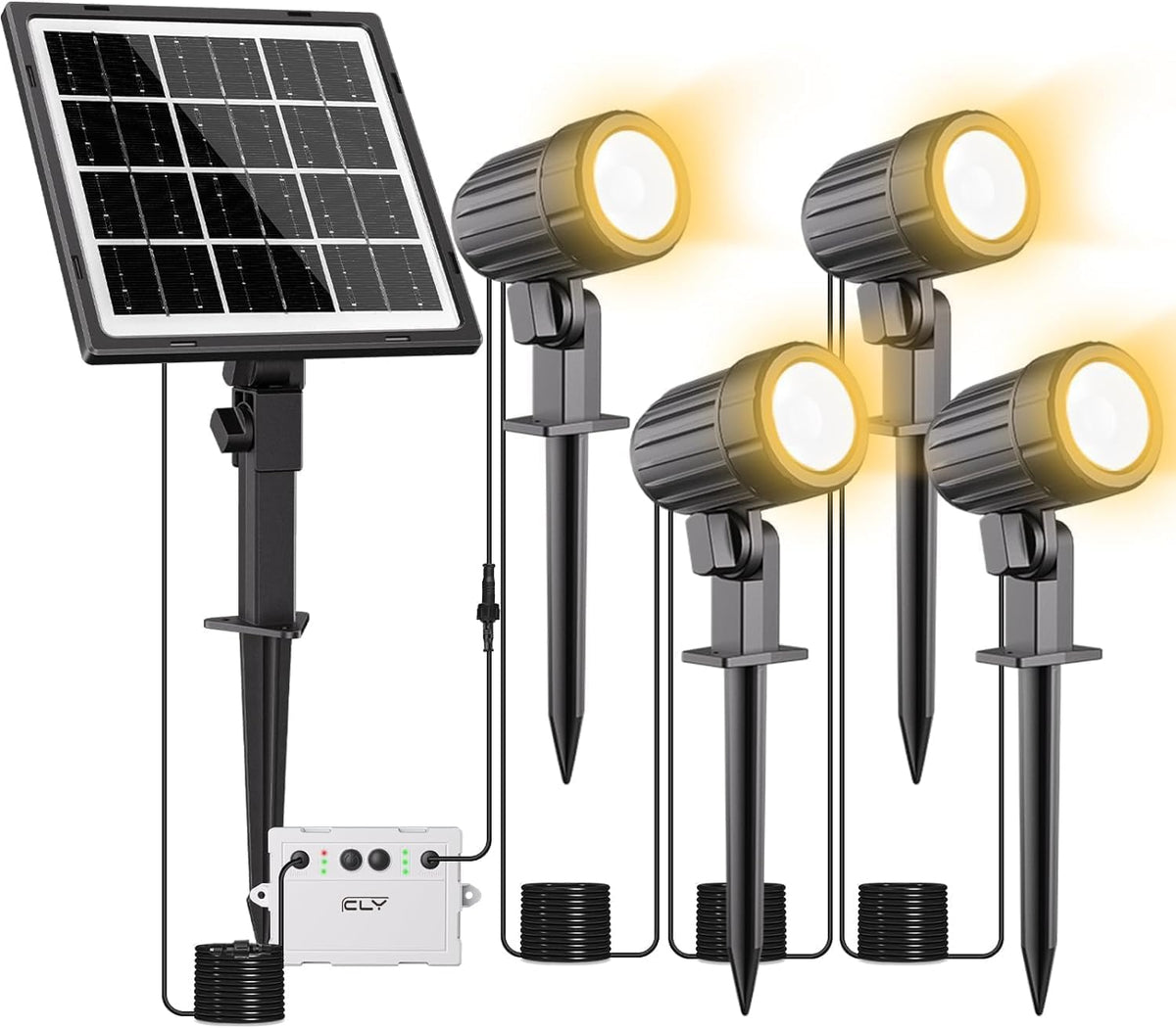 CLY 4-in-1 Solar Spot Lights Outdoor with 14M Cable Solar Powered Landscape Lighting Low Voltage IP66 Waterproof Auto On/Off for Outside Garden Yard Landscape Pathway 2700K Warm White