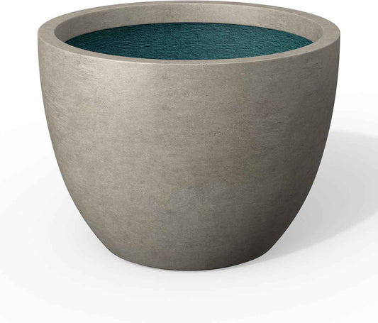 Kante 14.2 Inch Round Concrete Planter - Classic Large Plant Pot with Drainage Hole and Rubber Plug, Suitable for Gardens and Patios, Weathered Concrete Finish with Forest Green Interior