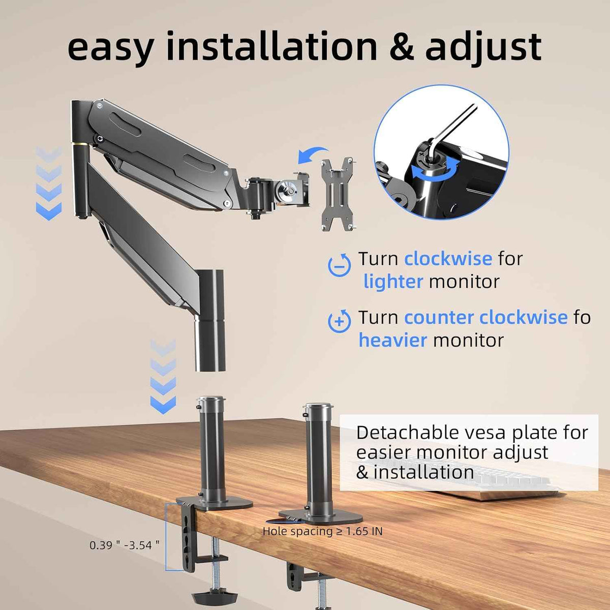 Pholiten Heavy Duty Monitor Arm for up to 49 inches | Ultrawide Monitor Mount, Adjustable Gas Spring Arm, Clamp/Grommet Mounting Base