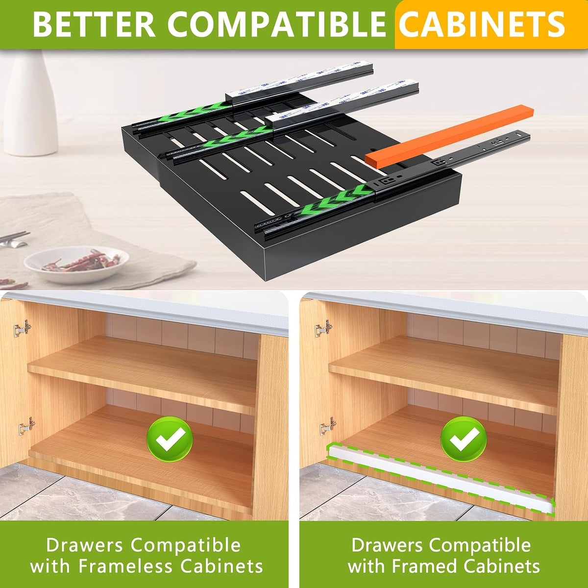 Mlinavn 2 Pack Pull Out Cabinet Organizer,21" Deep Slide Out Drawer Organizers,No Drill Pull Out Drawers Adhesive with Nano Compatible Framed Cabinets Shelves for Kitchen Pantry Adjustable Width - Field & Nook