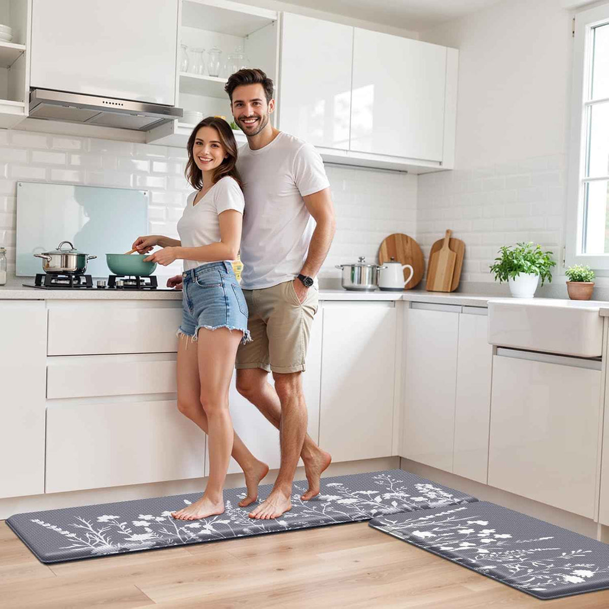Anti-Fatigue Kitchen Mat Set of 2 | Grey | 17.3"x30" + 17.3"x47" | Non-Slip Cushioned Floor Rug