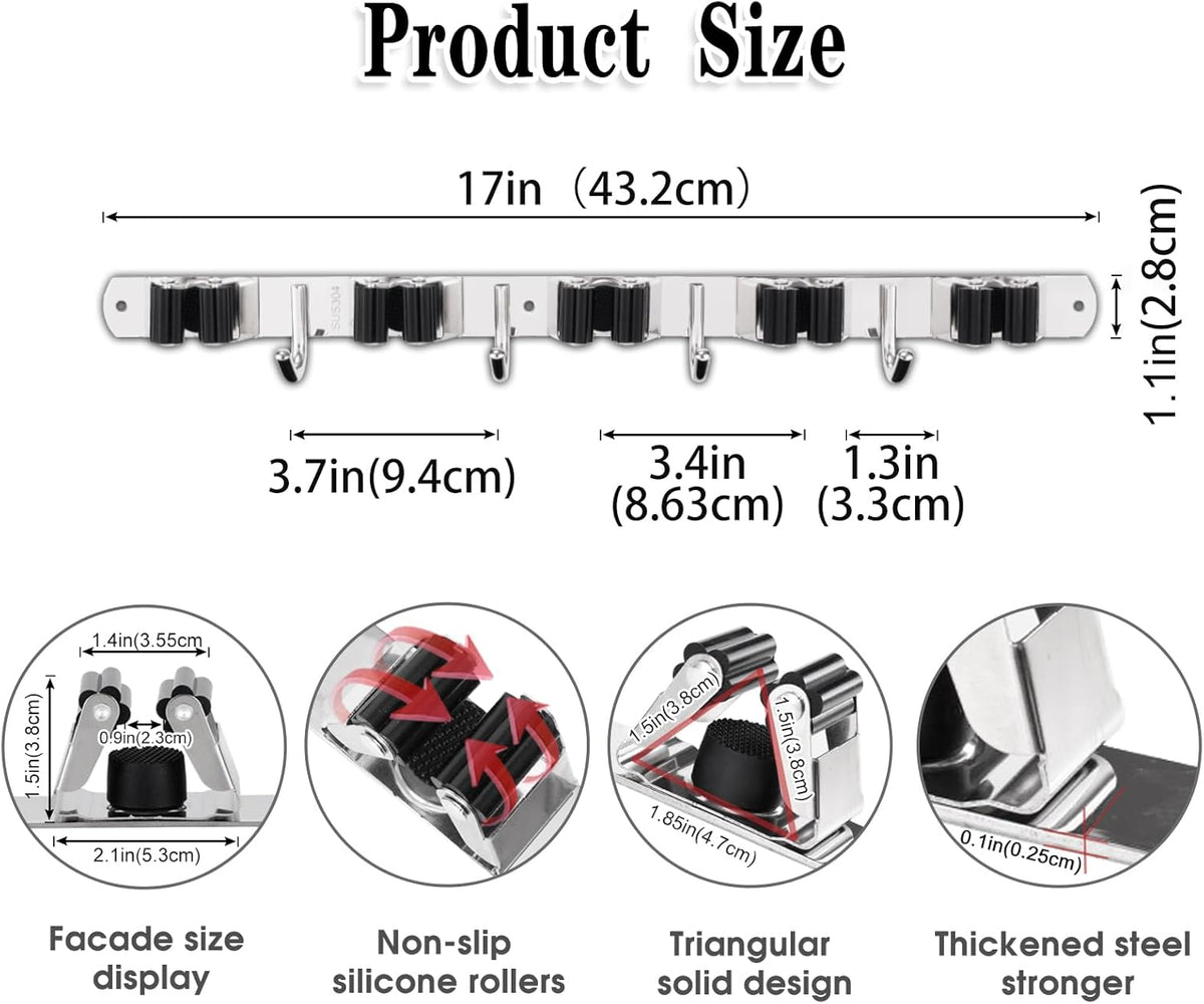 AceMining Broom Holder Wall Mount, 5 Racks 4 Hooks Heavy Duty Mop Organizer | Mop Holder Wall Mount and Broom Hanger for Garage, Laundry Room, Kitchen and Utility Storage - Field & Nook