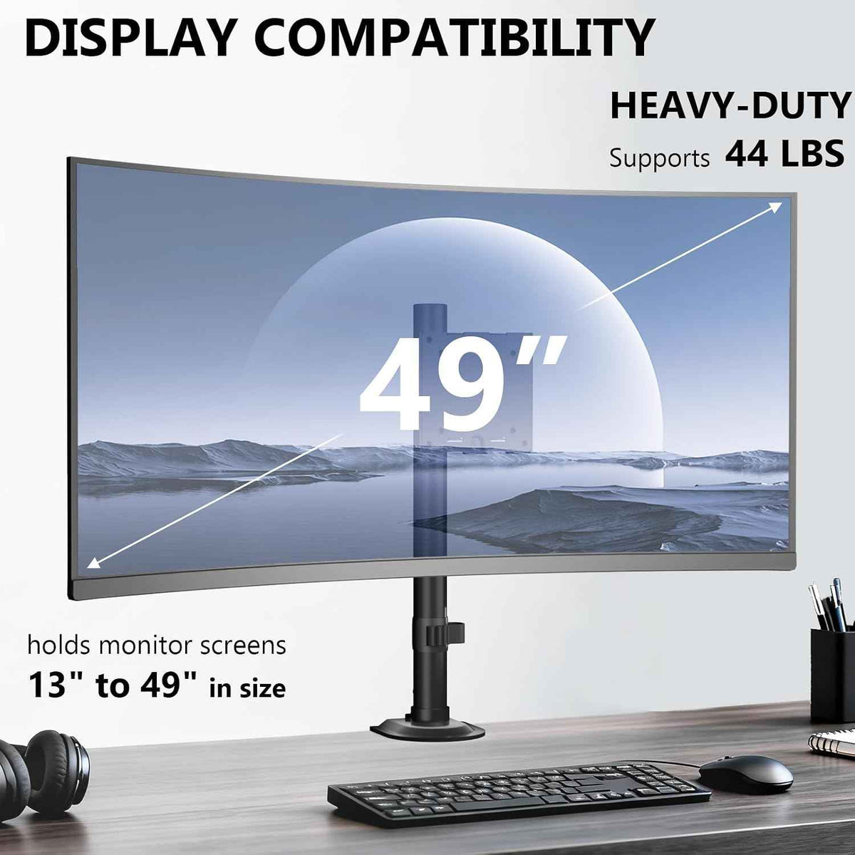 WALI Heavy Duty Single Monitor Arm Desk Mount for 13-49 Inch Screens, Ultrawide Monitor Stand with Full Motion Tilt, Swivel, Rotation, Holds up to 44 lbs, C-Clamp Mount for VESA 75/100mm,(M001S)