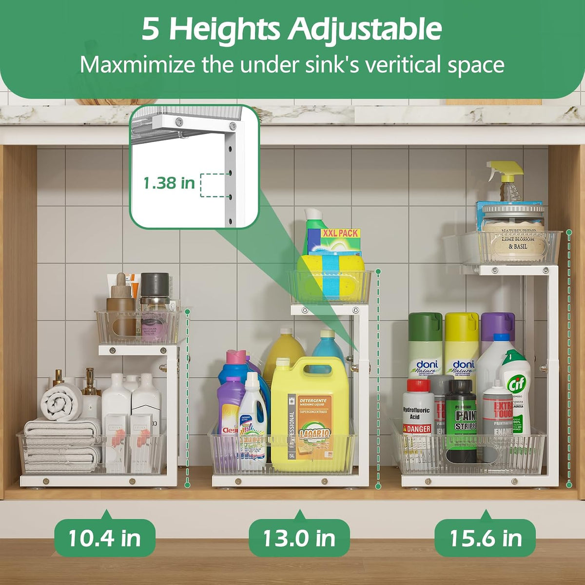 ADRIMER Under Sink Organizer 2 Packs, Pull Out Kitchen Sink Organizer, 2 Tier Slide Out Kitchen Organizers and Storage Bathroom Under Cabinet Storage Shelf, Transparent & White - Field & Nook