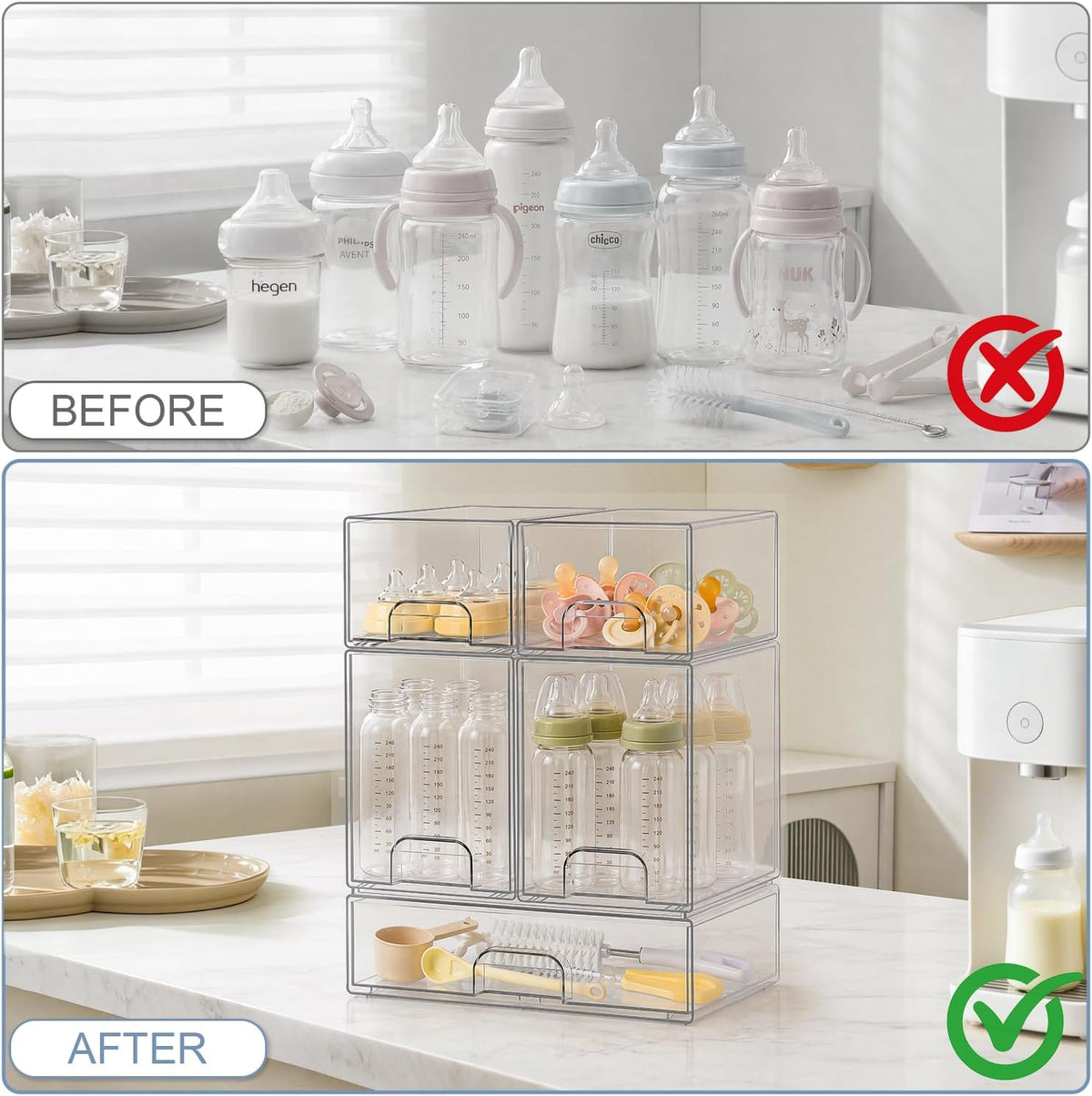QRRICA Baby Bottle Organizer for Countertop, 5-Piece Stackable Clear Acrylic Storage with Non-Slip Pads & Handles – Large Capacity for Kitchen, Pantry, Bathroom, Vanity, Cabinet - Field & Nook