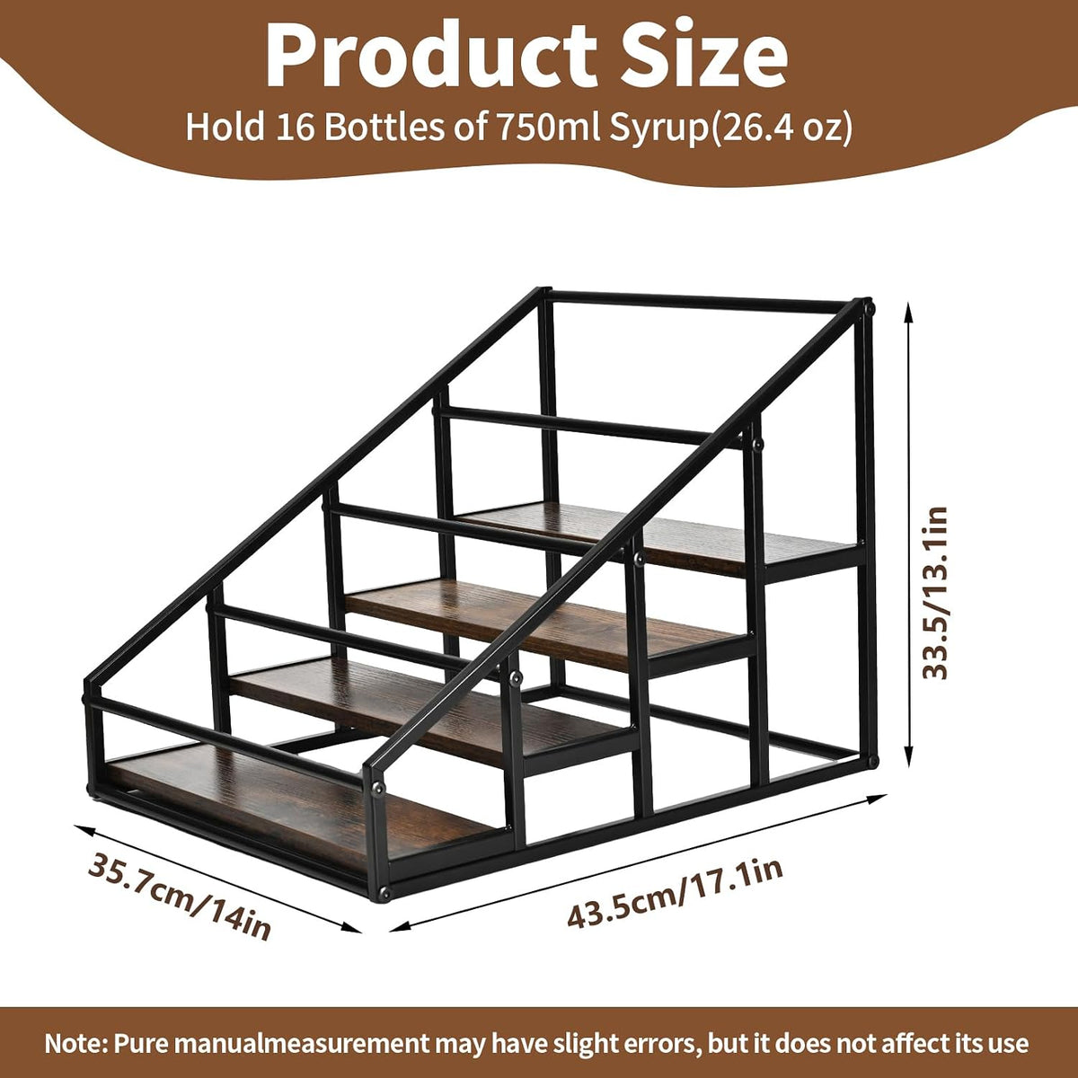 YQBRAO 4-Tier Coffee Syrup Organizer, 16-Bottle Rack, Rustic Brown | Holds up to 16 bottles with stepped visibility; rustic wood and metal design for syrups, kitchens, and home coffee bars. - Field & Nook
