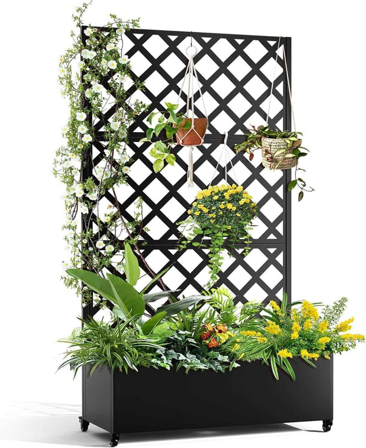 Metal Raised Garden Bed with Trellis and Wheels, 72"x47" Planter Box for Climbing Plants, Vegetables & Vines, Features Drainage Holes and Privacy Screen
