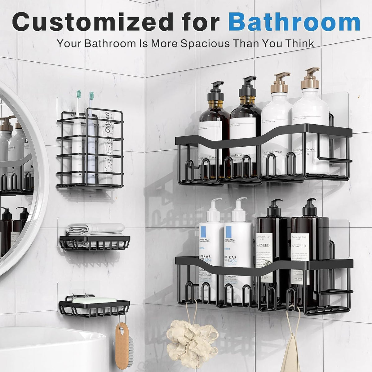 Adhesive Shower Caddy Set – 5-Piece Rustproof Wall Organizer