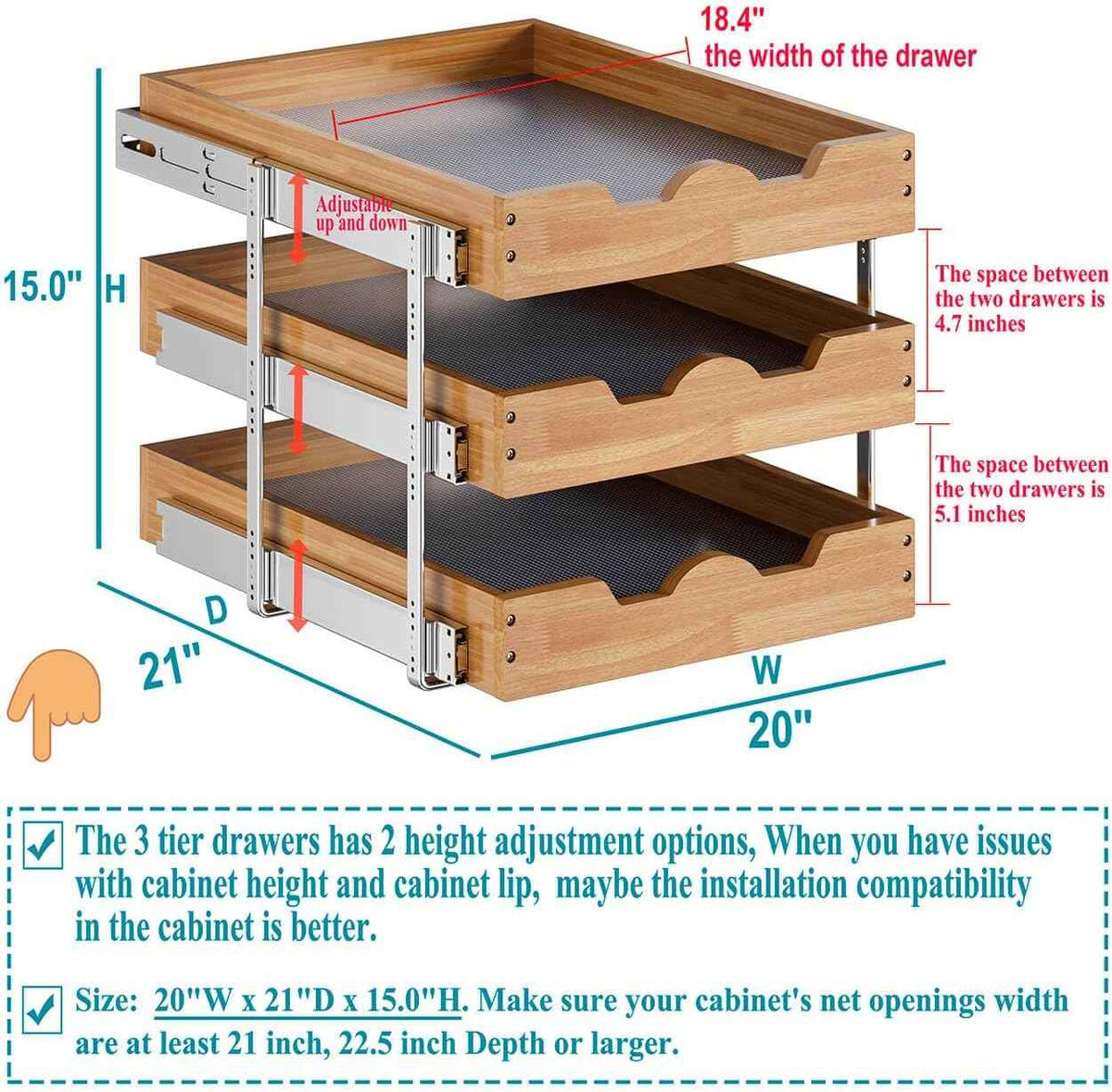 OCG 3-Tier Pull-Out Cabinet Organizer, 20" W x 21" D
