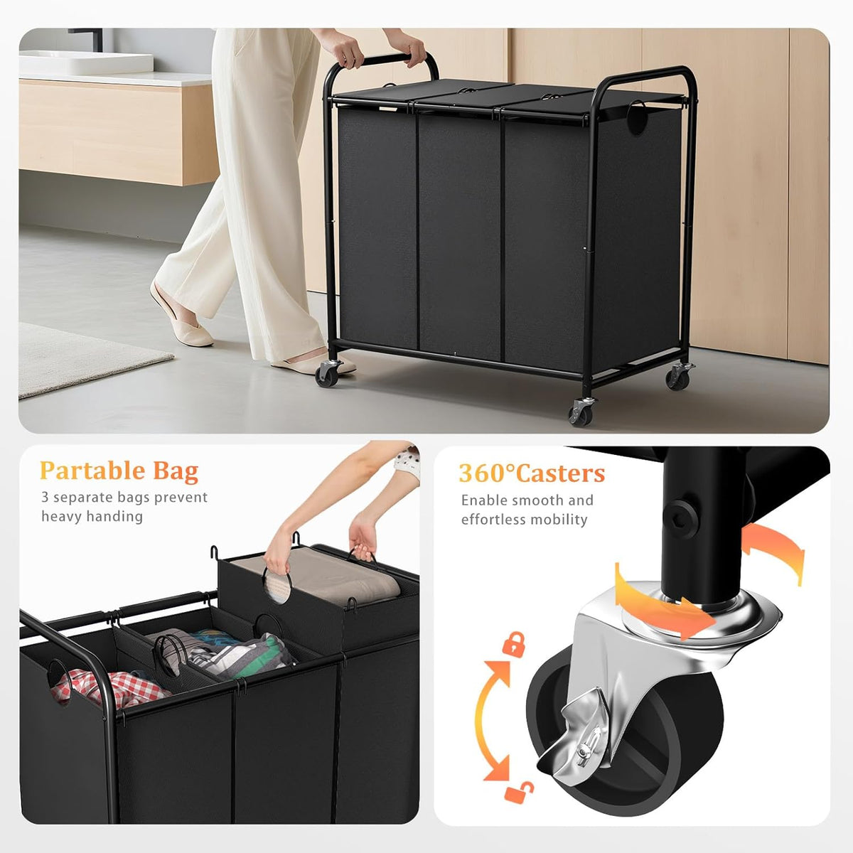 180L 3-Section Rolling Laundry Hamper with Lid - Field & Nook