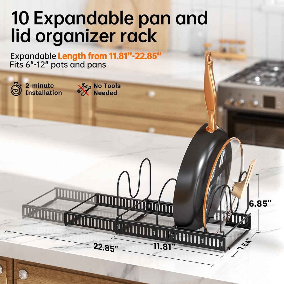 MUDEELA Expandable Pot, Pan & Lid Organizer, 10 Divider, Black