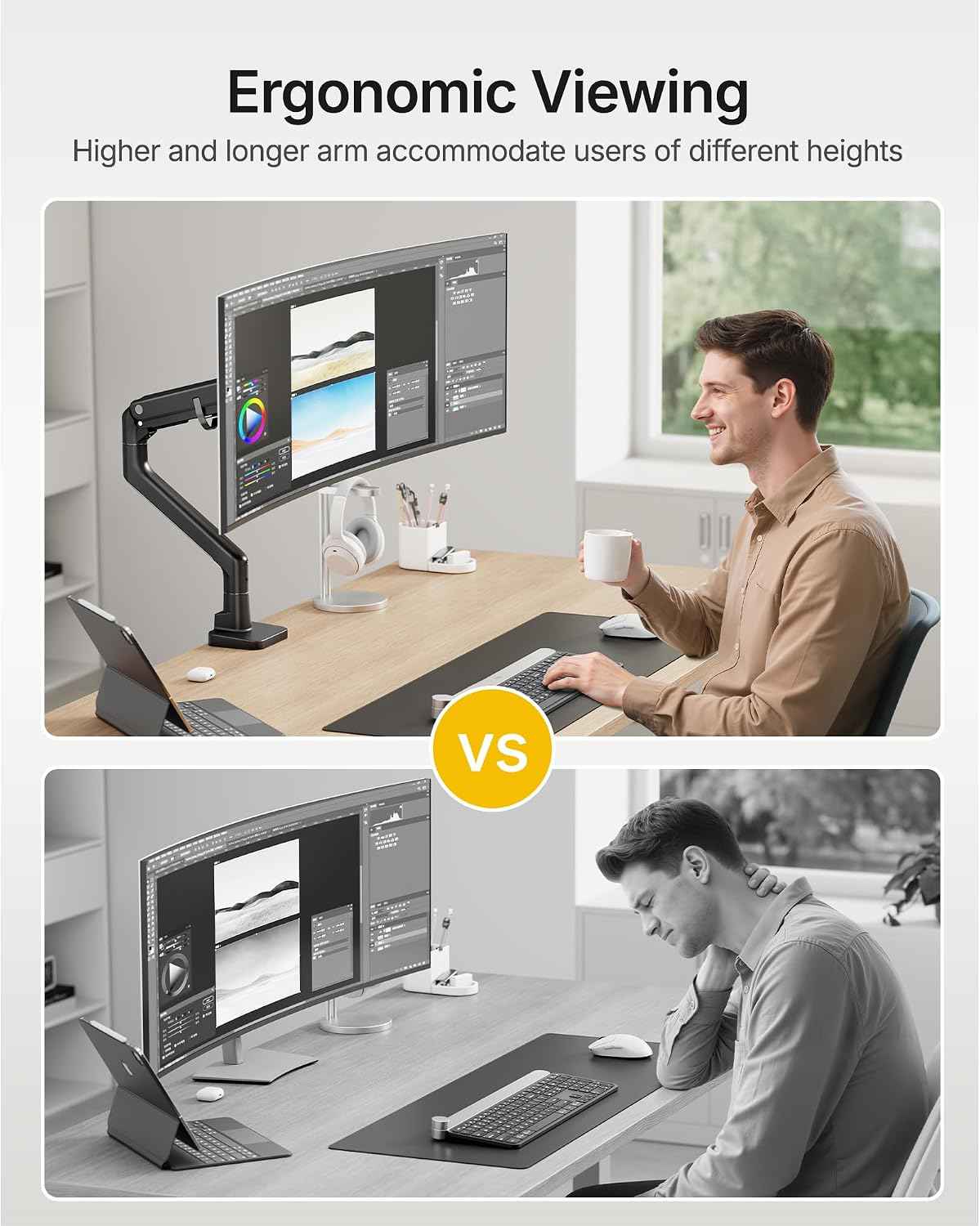 monTEK Heavy Duty Monitor Arm, 17-57" Ultrawide, Gas Spring, 59.4 lbs，Black | Desk Monitor Mount Holds 49" 57" Ultrawide Curved Screen Up to 59.4 lbs with No Sag,Clamp & Grommet Arm,75/100 VESA