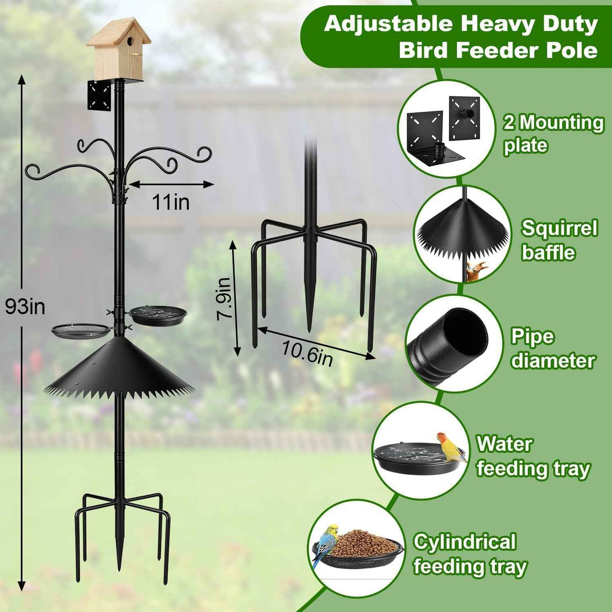 Bird Feeder Pole, 93 Inch Heavy Duty Birdhouse Pole with Spiked Baffle & 2 Tray, Adjustable Wild Bird Feeding Station Hanging Pole for Outdoors, Yard, Garden Decor (Without Birdhouse)