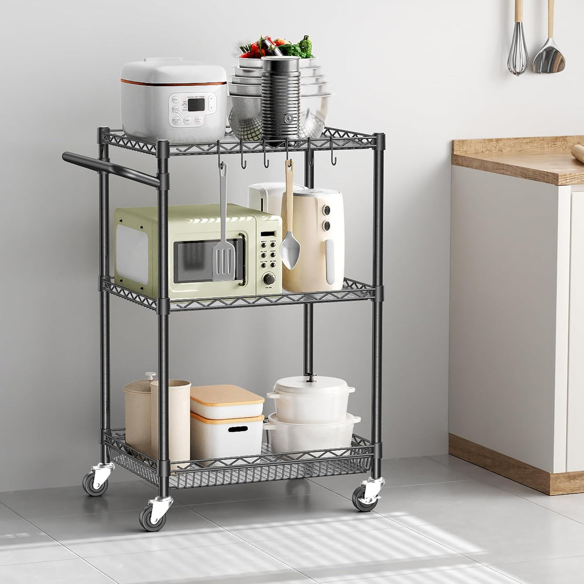 3 Tier Rolling Utility Metal Carts with Wheels Heavy Duty Cart 750Lbs | Adjustable Kitchen Storage Organizer Cart with Handle & Shelf Liner Commercial Grade Trolley for Indoor & Outdoor Use - Field & Nook