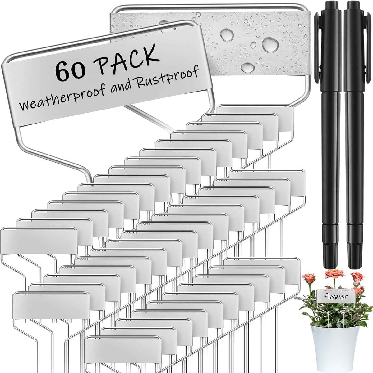 Moxweyeni 60 Pcs Metal Garden Tags Plant Labels for Garden Waterproof Plant Markers with 2 Permanent Pen Planting Nursery Tags Reusable Labels Stake for Plants(Aluminum,6 Inch)