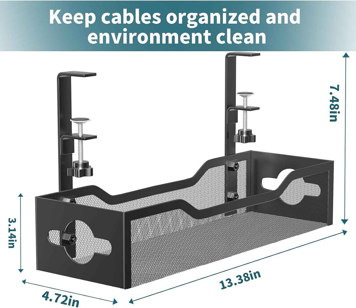 Clamp-On Metal Mesh Cable Tray – No-Drill Under-Desk Cord Organizer with Routing Holes, Black