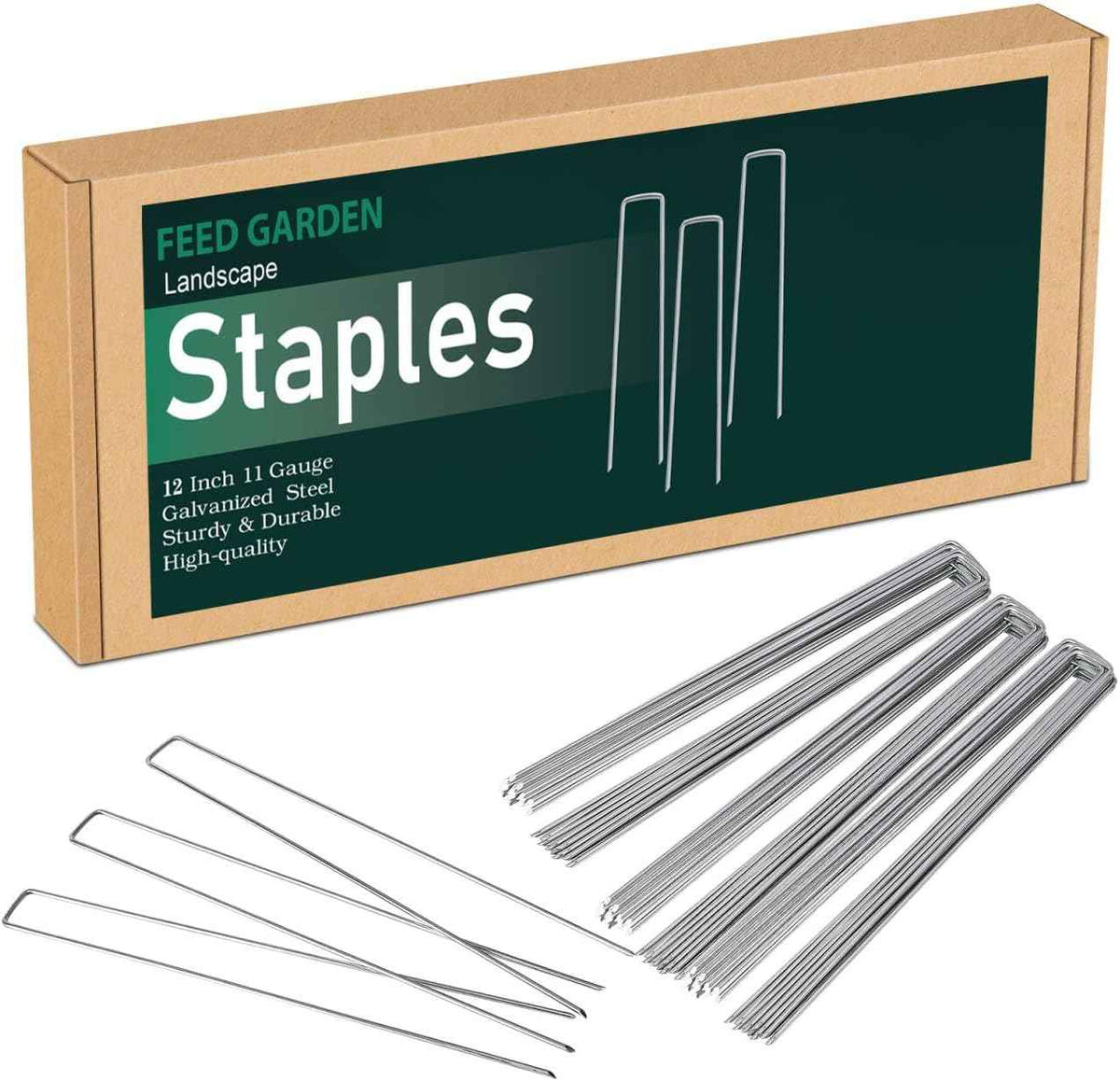 FEED GARDEN 12 Inch 50 Pack Galvanized Landscape Staples 11 Gauge Anti-Rust Garden Stakes Landscaping Fabric SOD Pins Yard Stakes for Weed Barrier Fabric