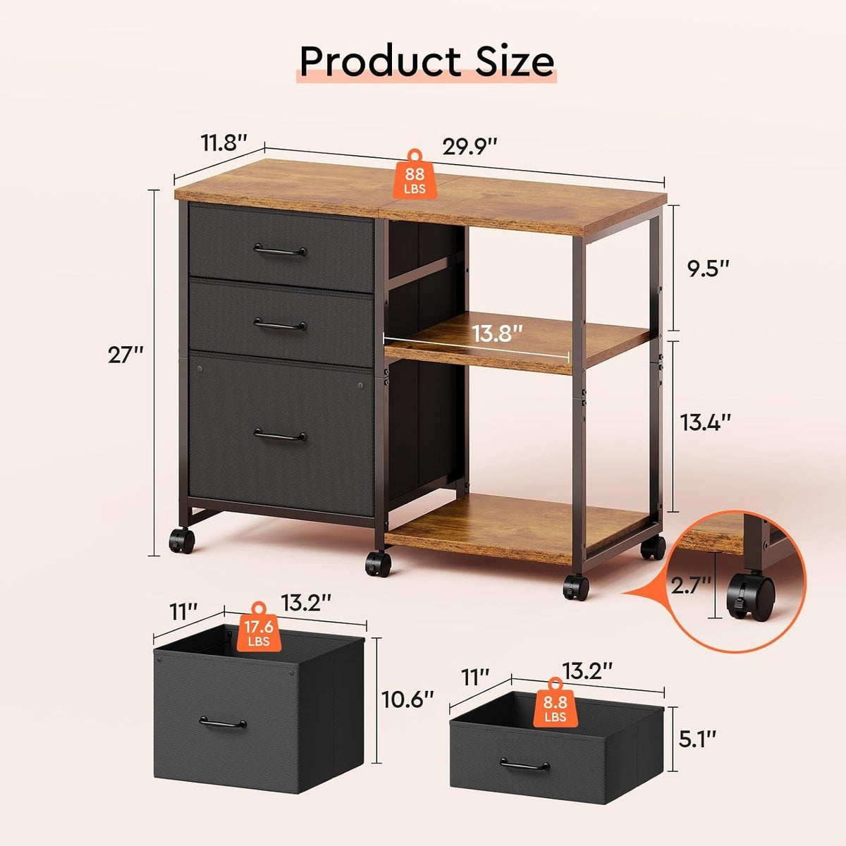 3 Drawer File Cabinet with Wheels Rolling Printer Stand with Open Storage Shelf Fabric Lateral Filing Cabinet for Home Office,Rustic Brown - Field & Nook
