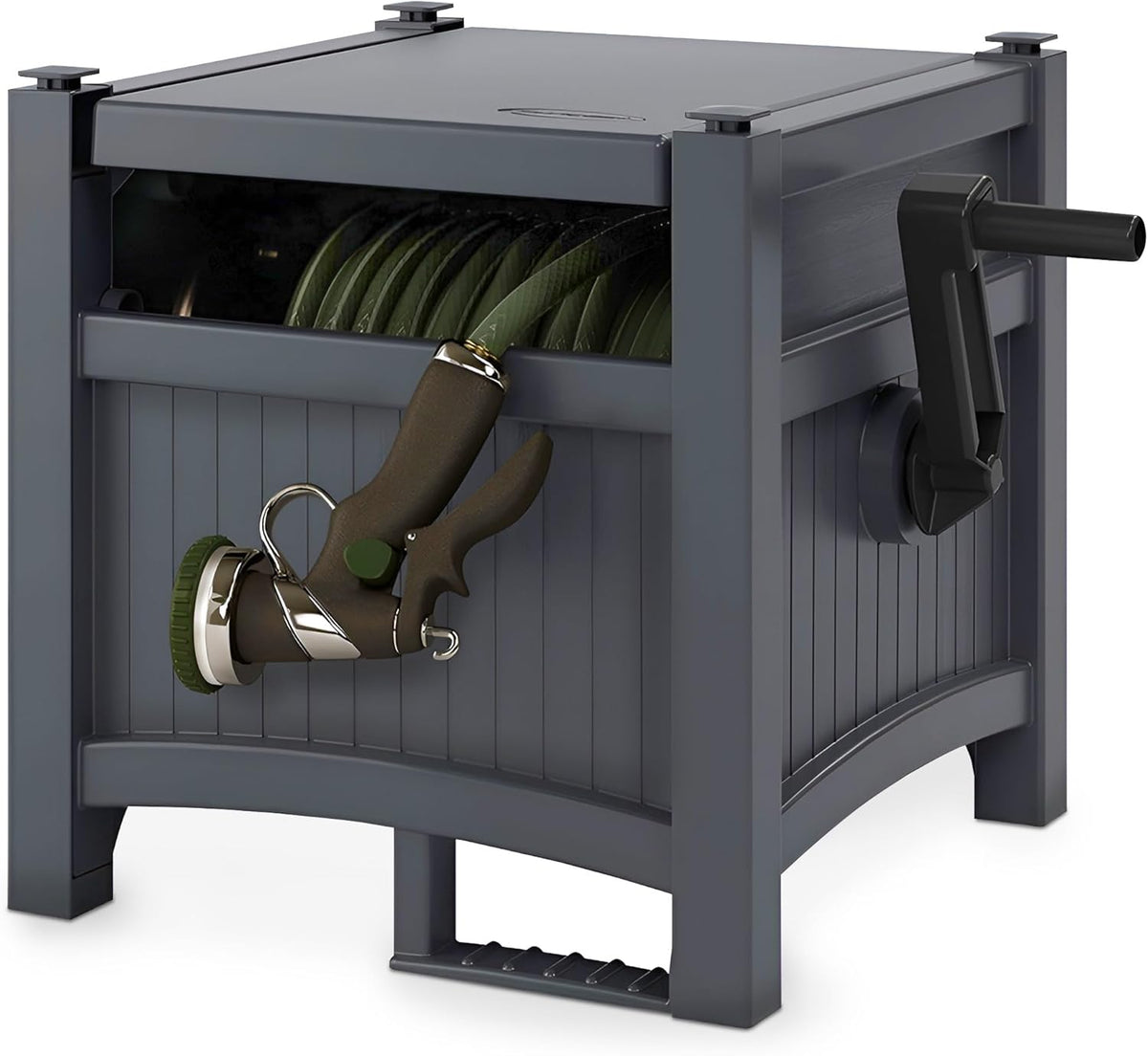 Suncast Garden Hose Hideaway Storage Reel Box, Cyberspace Grey – Resin Outdoor Container, Holds up to 100 Feet of 5/8 Inch Standard Vinyl Water Line – No Assembly Required