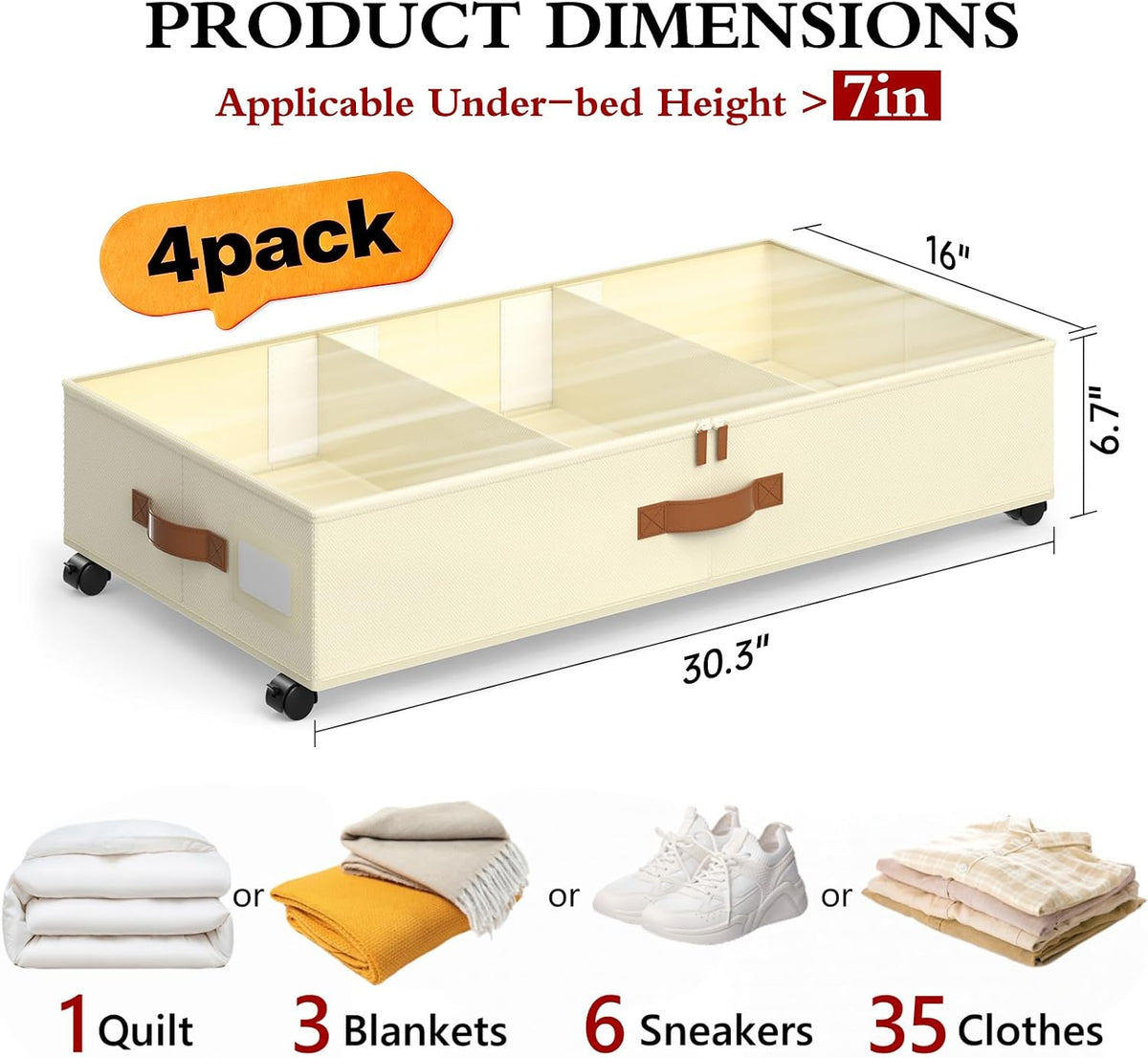 Yecaye Under Bed Storage with Wheels, 4 Pack Under Bed Storage Containers with Adjustable Dividers & Clear Window, Rolling Underbed Organizer Bins Drawers for Clothes, Shoes, Blankets, Beige - Field & Nook