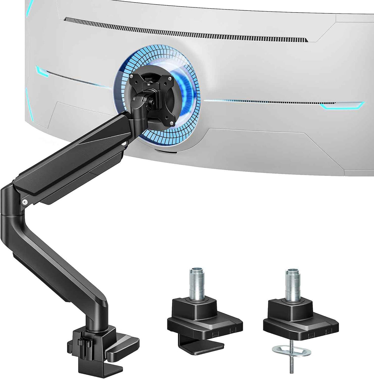 Heavy Duty Single Monitor Mount for 13"-49" Curved Screens, Black | ﻿ Gas Spring Desk Mount Stand with C Clamp/Grommet Mounting Base up to 40lbs