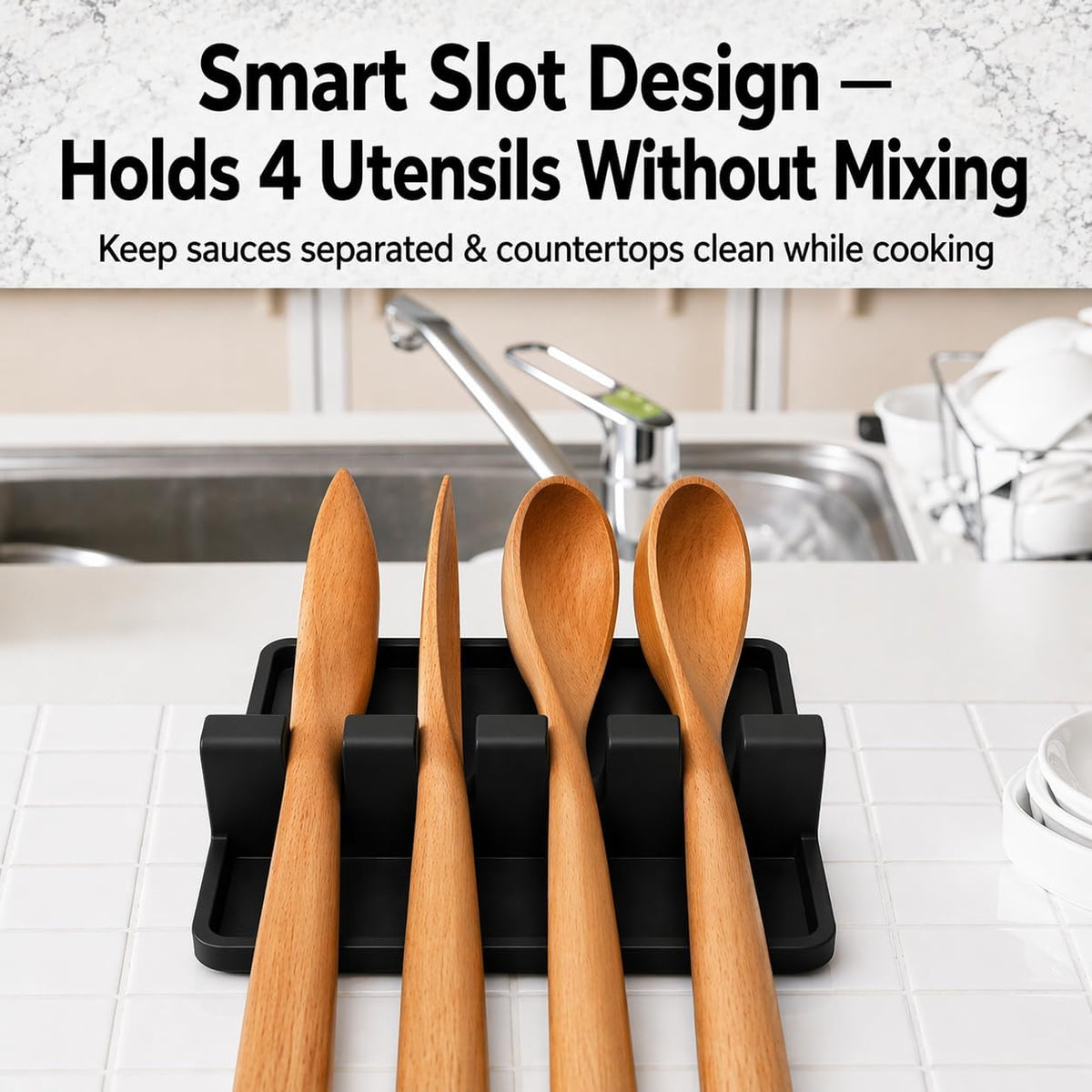 4-Slot Silicone Utensil Rest with Drip Pad – Black