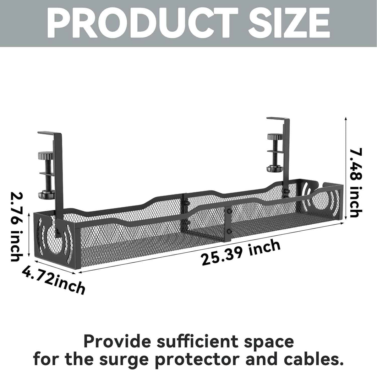25.3-Inch Under-Desk Cable Tray – No-Drill Clamp-On Metal Cord Organizer, Black