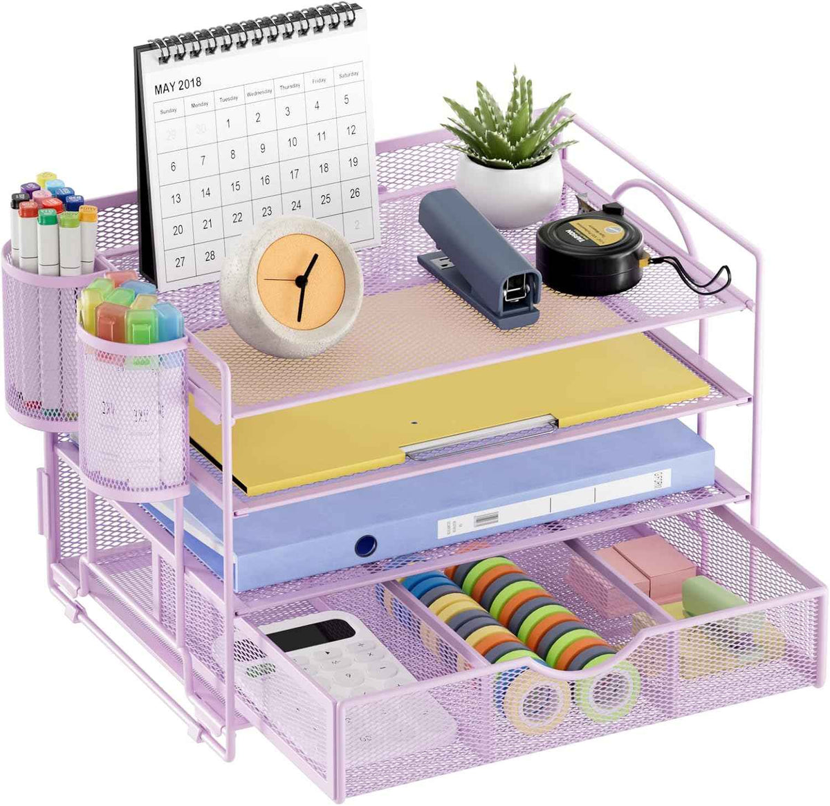 Marbrasse Desk Organizer, 4-Tier Paper File Letter Tray, Purple | Sturdy Paper Tray, File Holder, Built-in Drawer, 2 Pen Slots, fits Letters/Files, for School Home Office Supplies