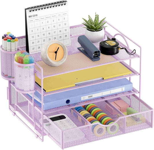 Marbrasse Desk Organizer, 4-Tier Paper File Letter Tray, Purple | Sturdy Paper Tray, File Holder, Built-in Drawer, 2 Pen Slots, fits Letters/Files, for School Home Office Supplies