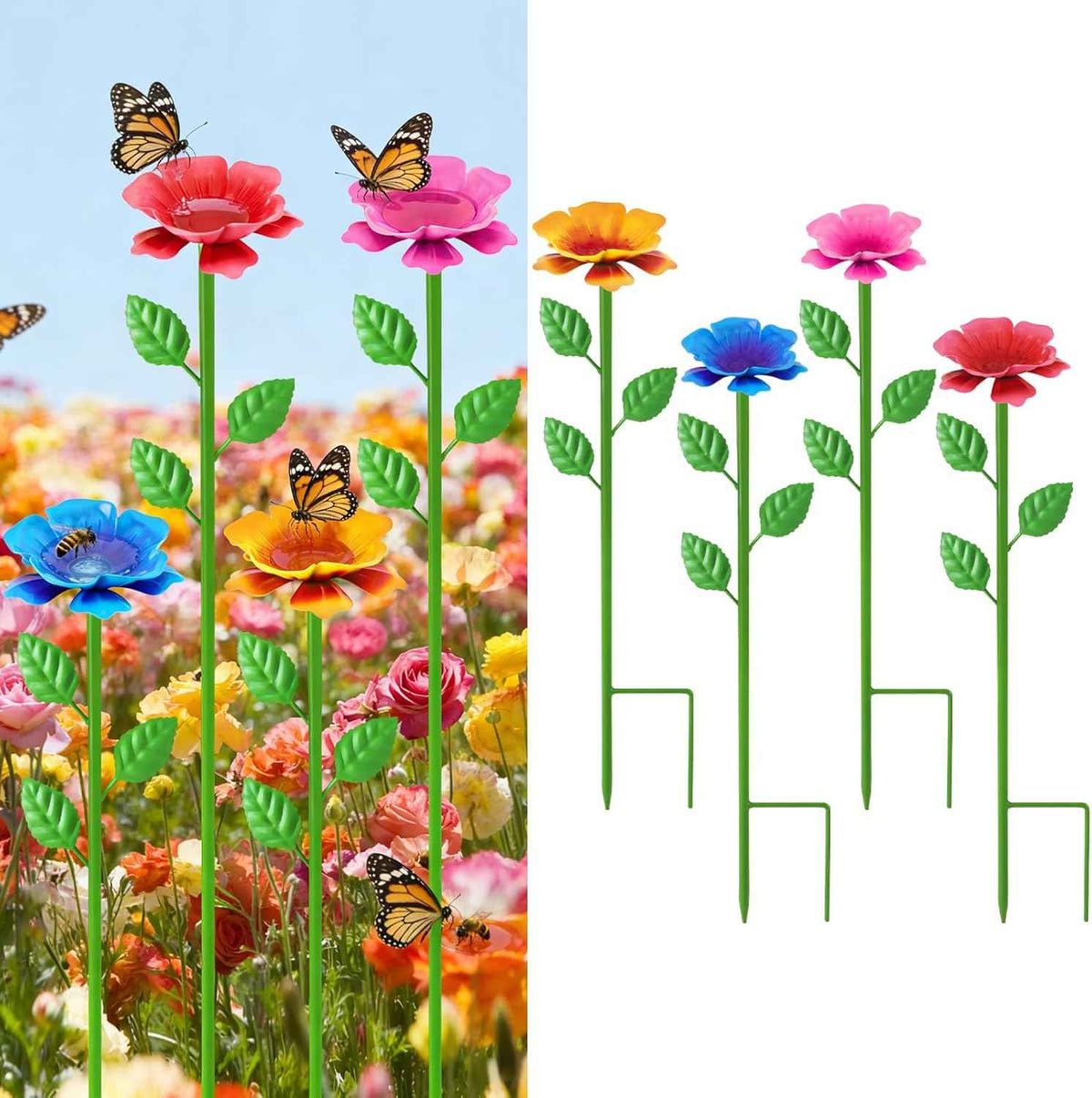 4 Pack Bee Watering Station, Metal Bee Water Station with Flower Design Colorful Butterfly Bath Bowl Drinking Feeder Cups for Outdoor Garden Yard Decor (Red,Pink,Blue,Yellow)
