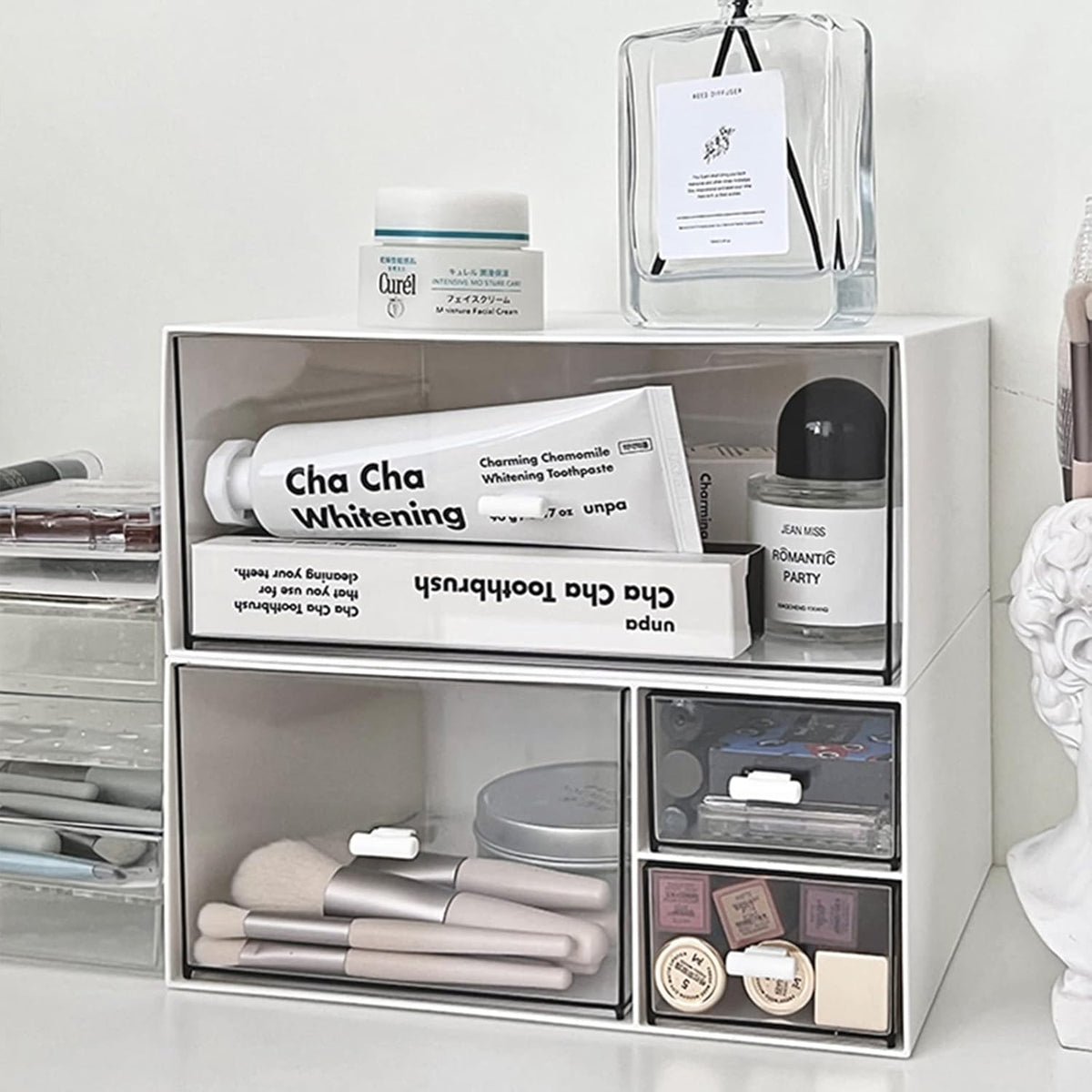 Desk Organizer Stackable Storage Drawers with 3 Compartments Stackable Drawers Great for Desk Storage, Makeup Storage Bathroom Organization Accessories Etc (White) - Field & Nook