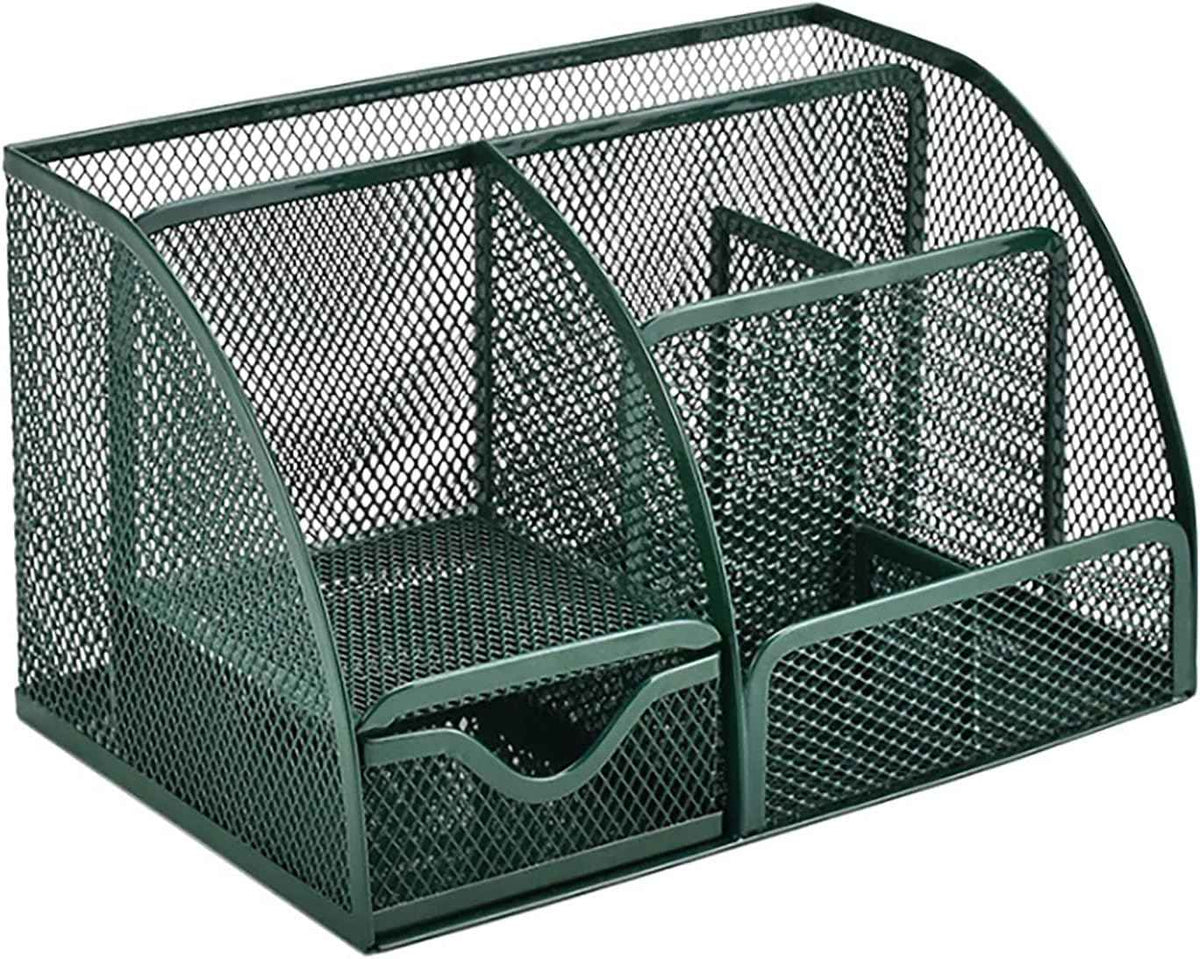 VANRA Office Supply Caddy Metal Mesh Desktop Supplies Organizer School Supply Holder Stuff Storage Organizer 6 Compartments with Drawer (Olive Green)