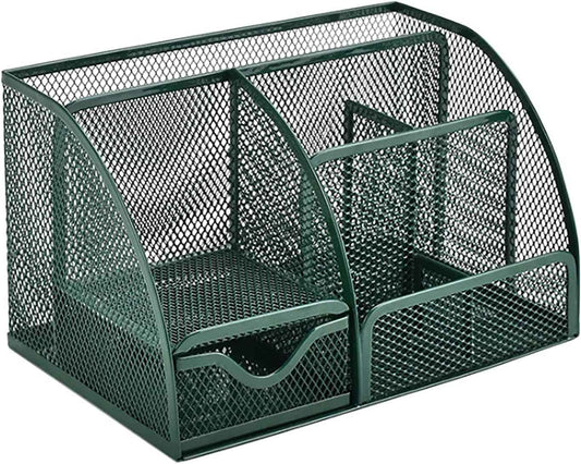 VANRA Office Supply Caddy Metal Mesh Desktop Supplies Organizer School Supply Holder Stuff Storage Organizer 6 Compartments with Drawer (Olive Green)