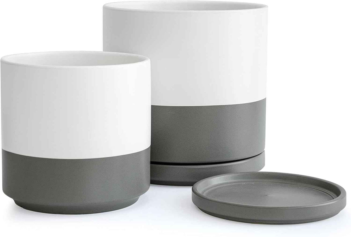 D'vine Dev 8 Inch & 10 Inch Ceramic Planter Pot for Plants with Drainage Hole and Saucer, Large Plant Pots Set, White/Speckled Grey, 94-G-L-6
