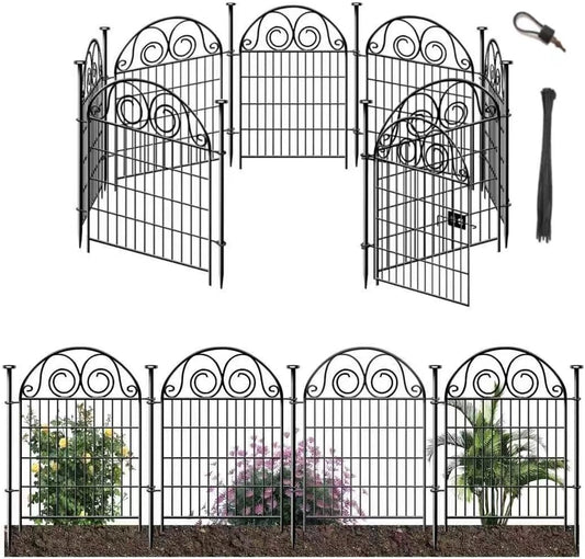 Tall Garden Animal Barrier Fence With Gate, 40 in(H)×27 in(L) 8 Panels Dog Digging Fences Barrier, Black Metal Temporary Fencing, Reusable Defense Fence For Outdoor Yard. Total 17.5 Ft│Patented