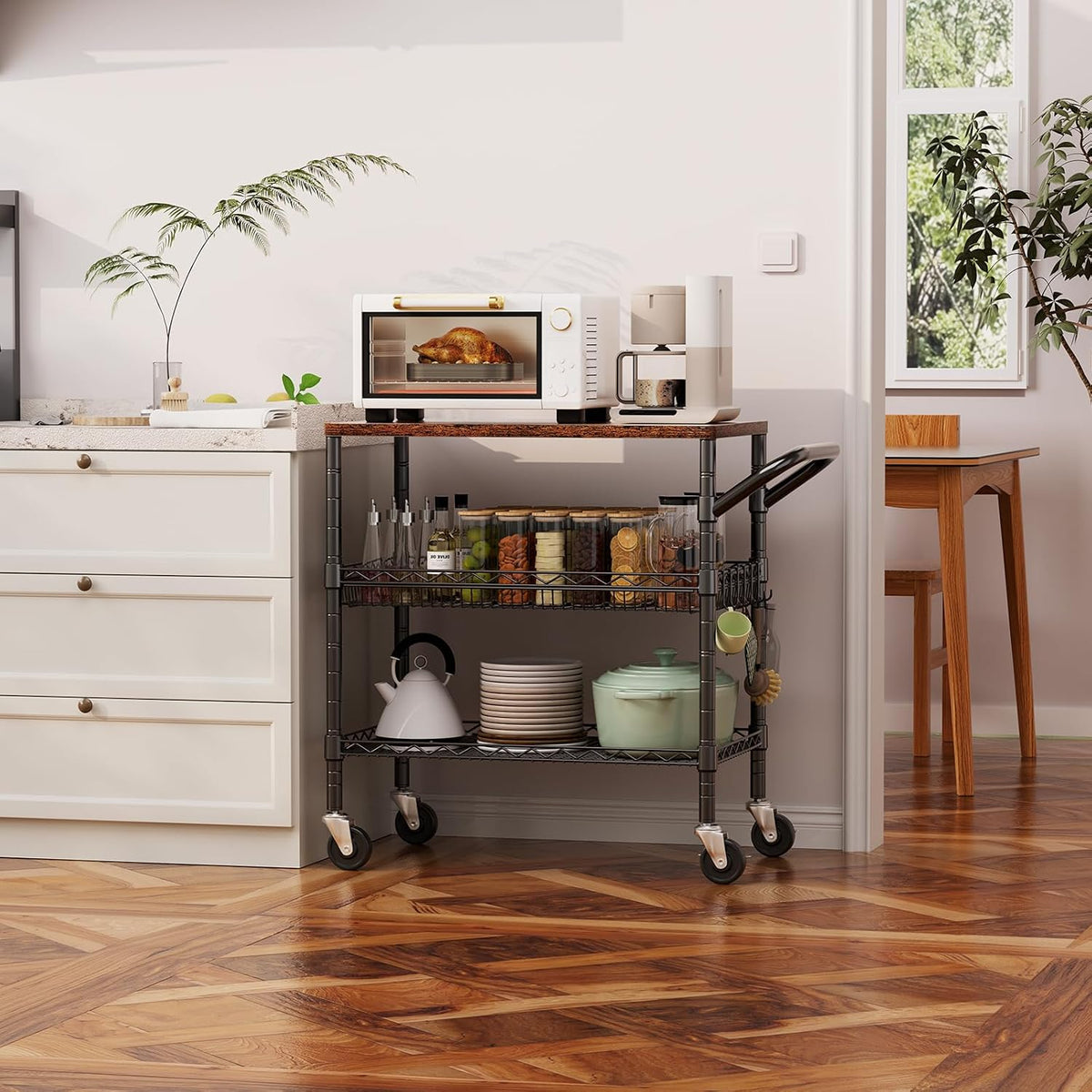 3 Tier Rolling Carts with Wheels, Heavy Duty Rolling Utility Cart with Wood Tabletop, Commercial Grade Metal Cart with Handle and Hooks, NSF Storage Serving Carts for Kitchen Island, Wood+Metal - Field & Nook