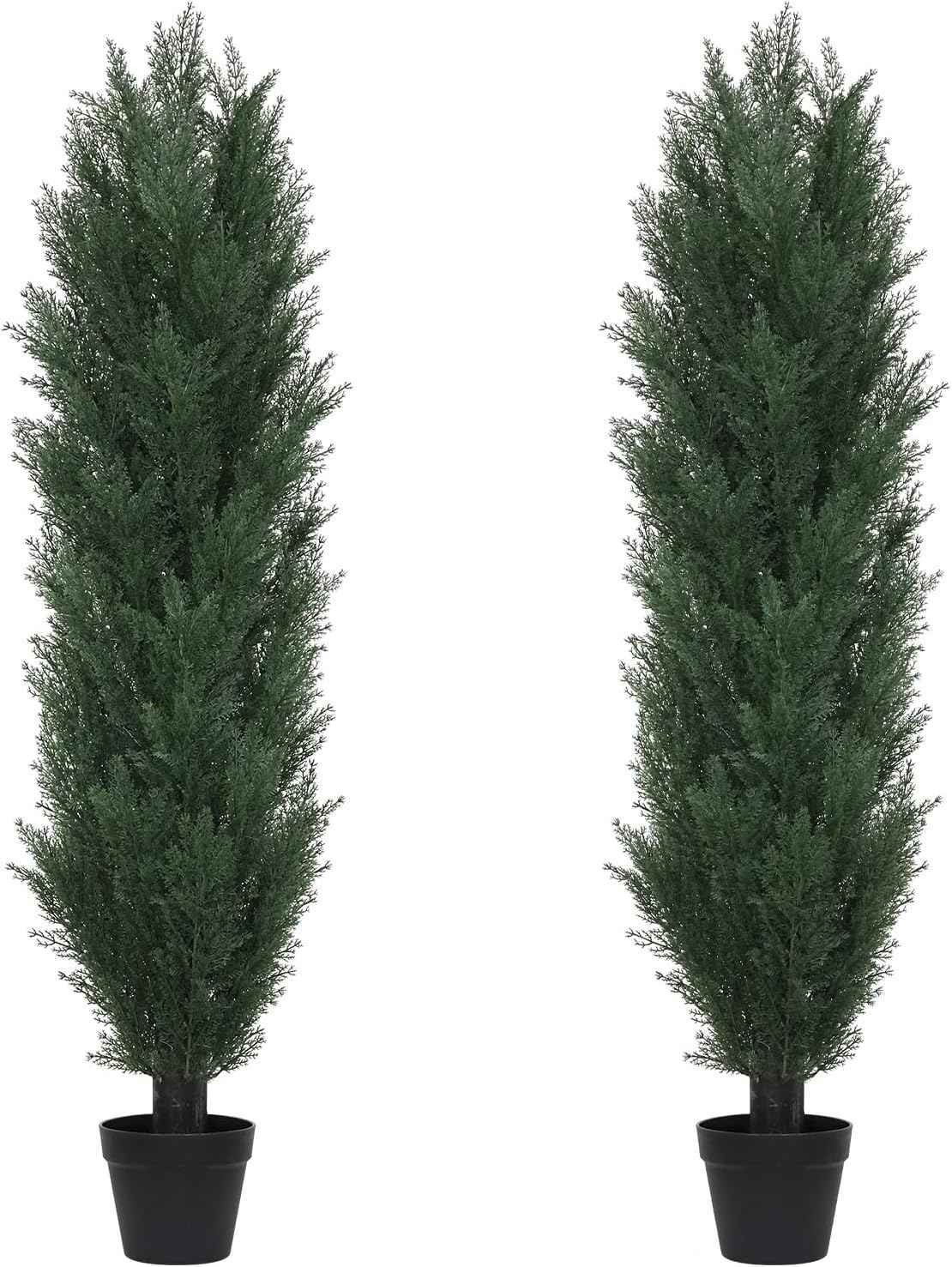 THE BLOOM TIMES 5ft Topiary Trees Artificial Outdoor Set of 2, UV Resistant Faux Cedar Pine Cypress Bushes & Shrubs, Fake Plants for Front Porch Outside Planter Patio Decor 5 Foot Tall