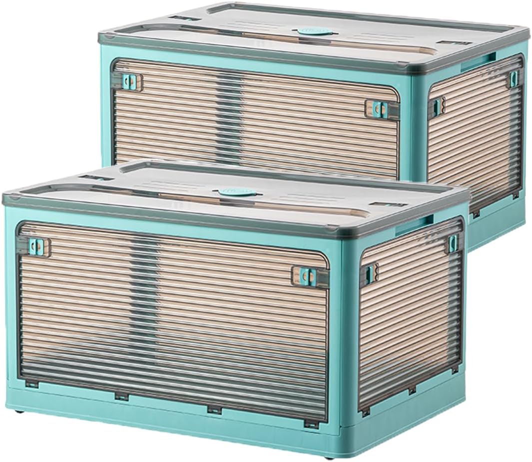 Folding Storage Bins, 50 Liters, 2 Pcs Blue plastic Storage Containers with Wheels, Double Doors, Foldable, Stackable, Plastic Box with Lids for Organization, Storage Cart - Field & Nook